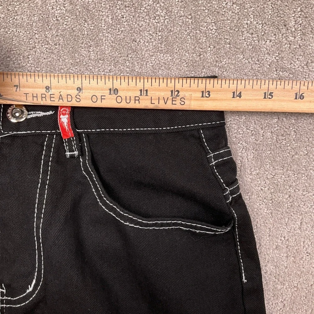 Wide Leg‎ Flaming Skull Pocket  Mens Small Black Contrast Stitch Denim Hip Hop